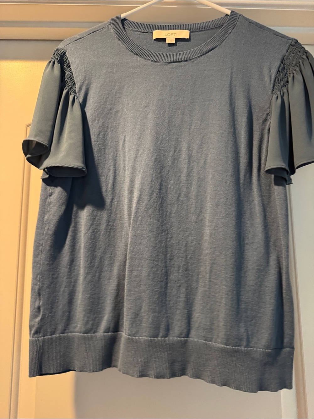 LOFT Dusty Blue Short Sleeve Smocked Shoulder Tee